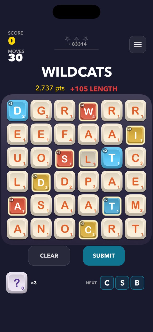 NuWords gameplay: the word MARINE spelled across six multiplier tiles with a live score preview