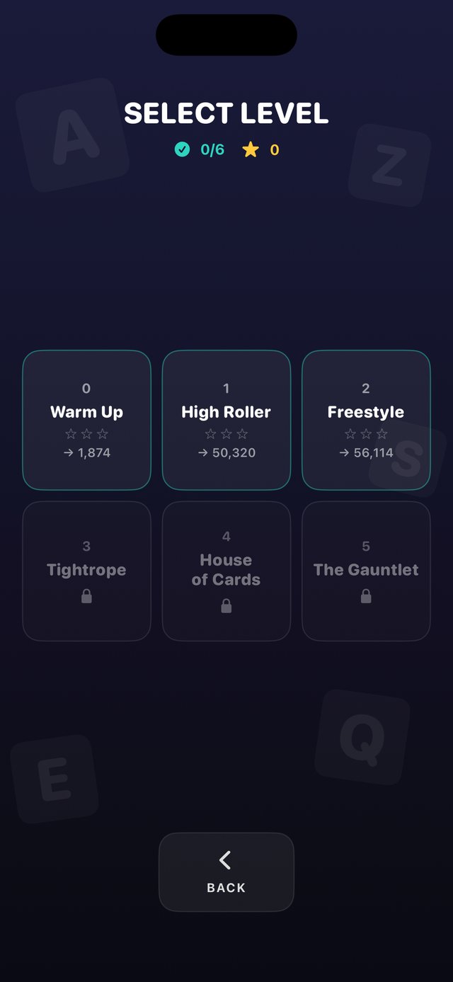 NuWords level select, showing six levels, each with a different twist
