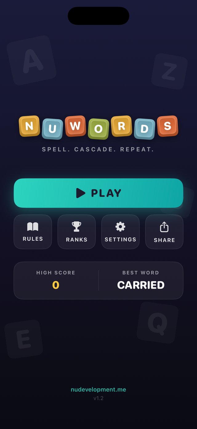 NuWords main menu with the tile wordmark